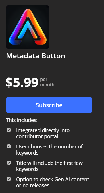 Pricing table for $5.99 Metadata Button plan
